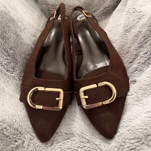 Jones New York Brown Slingback with Gold Buckle and gold detail on the heel.